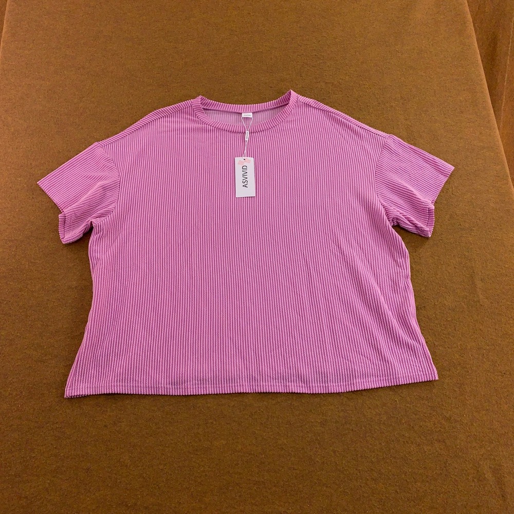 Asvivid Womens 2XL Pink Ribbed Knit Short Sleeve Crew Neck Top NWT